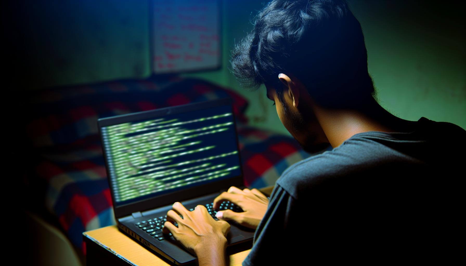 Hacker trabajando con una computadora portátil en una habitación oscura vista trasera